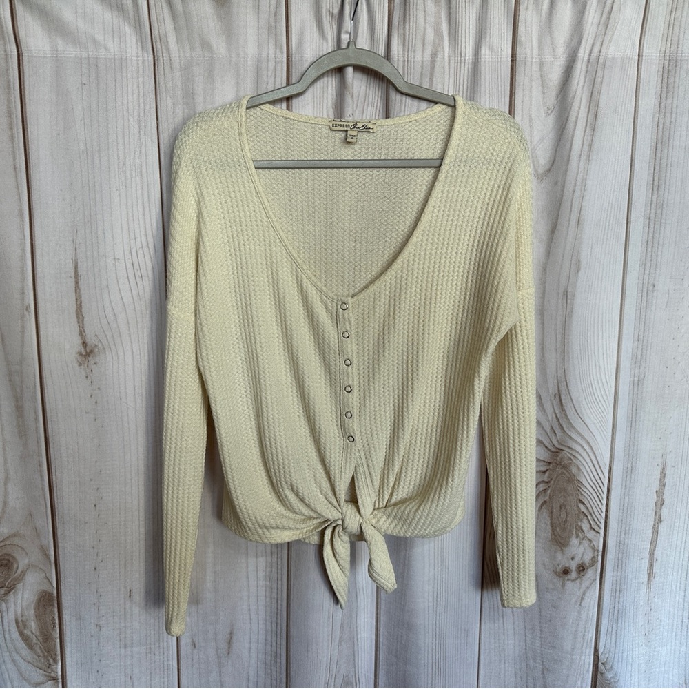 Express One Eleven Waffle Knit Tie Front Top Cream Size Medium